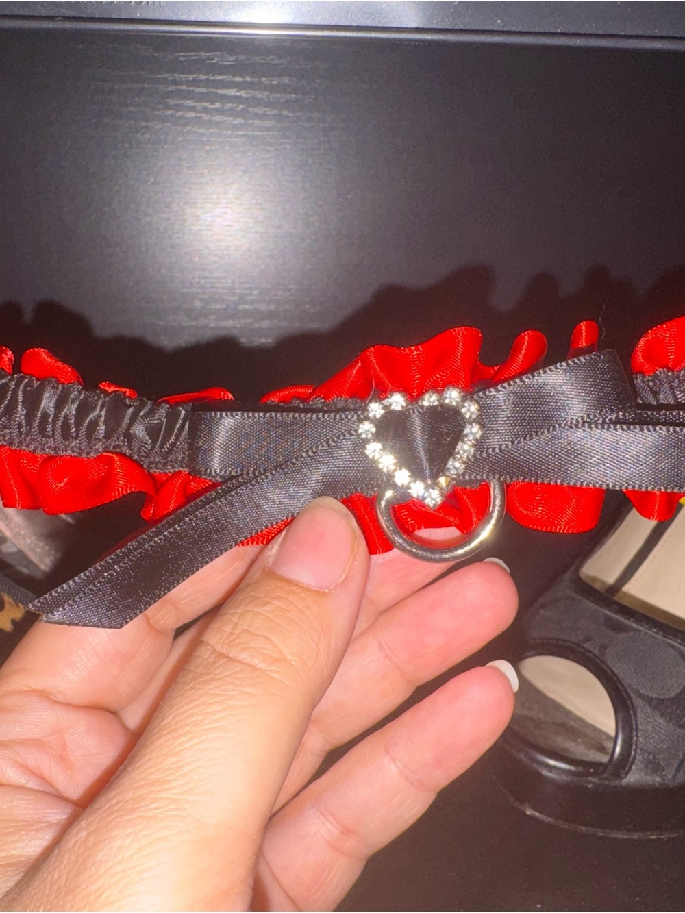 Red Satin Garter with Black Ribbon and Crystal Heart Accent